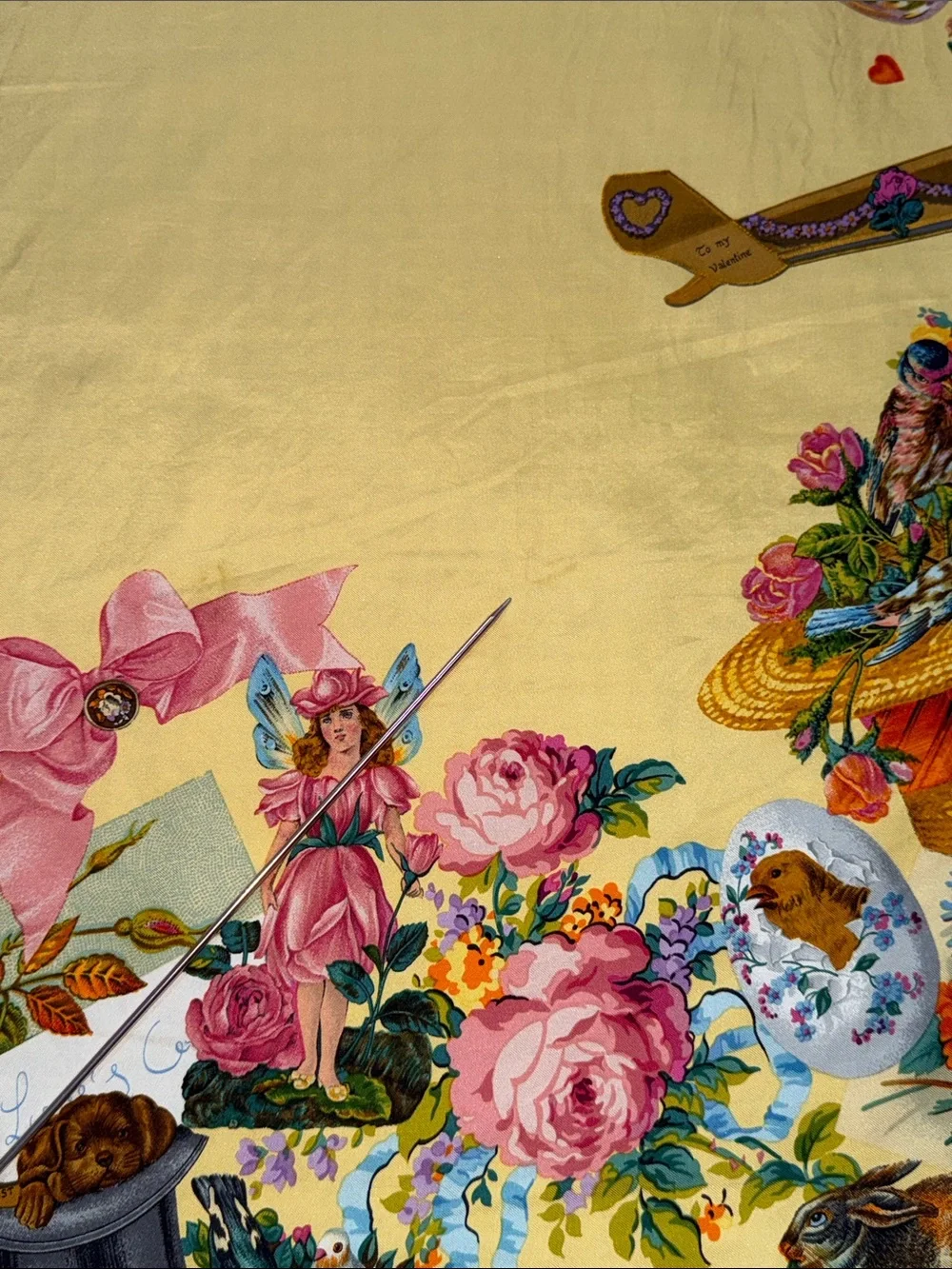 Rare Authentic Gucci Silk Floral Scarf  Whimsical Yellow Animals Hearts Ribbon